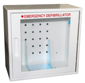 Defibrillatior storage cabinet